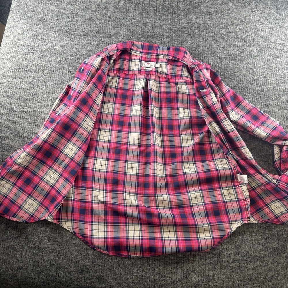 VINEYARD VINES Fuchsia Navy Gingham Plaid Cotton Cashmere Flannel Shirt Size 4 - Picture 7 of 9